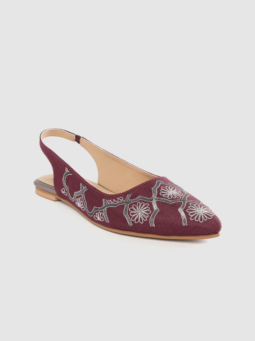 House of Pataudi Women Burgundy & Silver-Toned Sequinned & Embroidered Handcrafted Flats