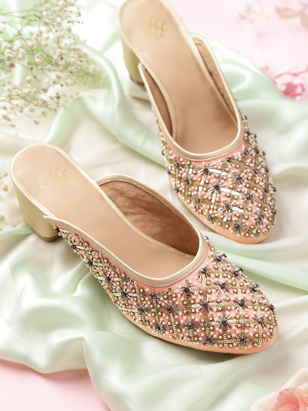 House of Pataudi Women Peach-Coloured & Gold-Toned Embellished Handcrafted Heeled Mules Price in India