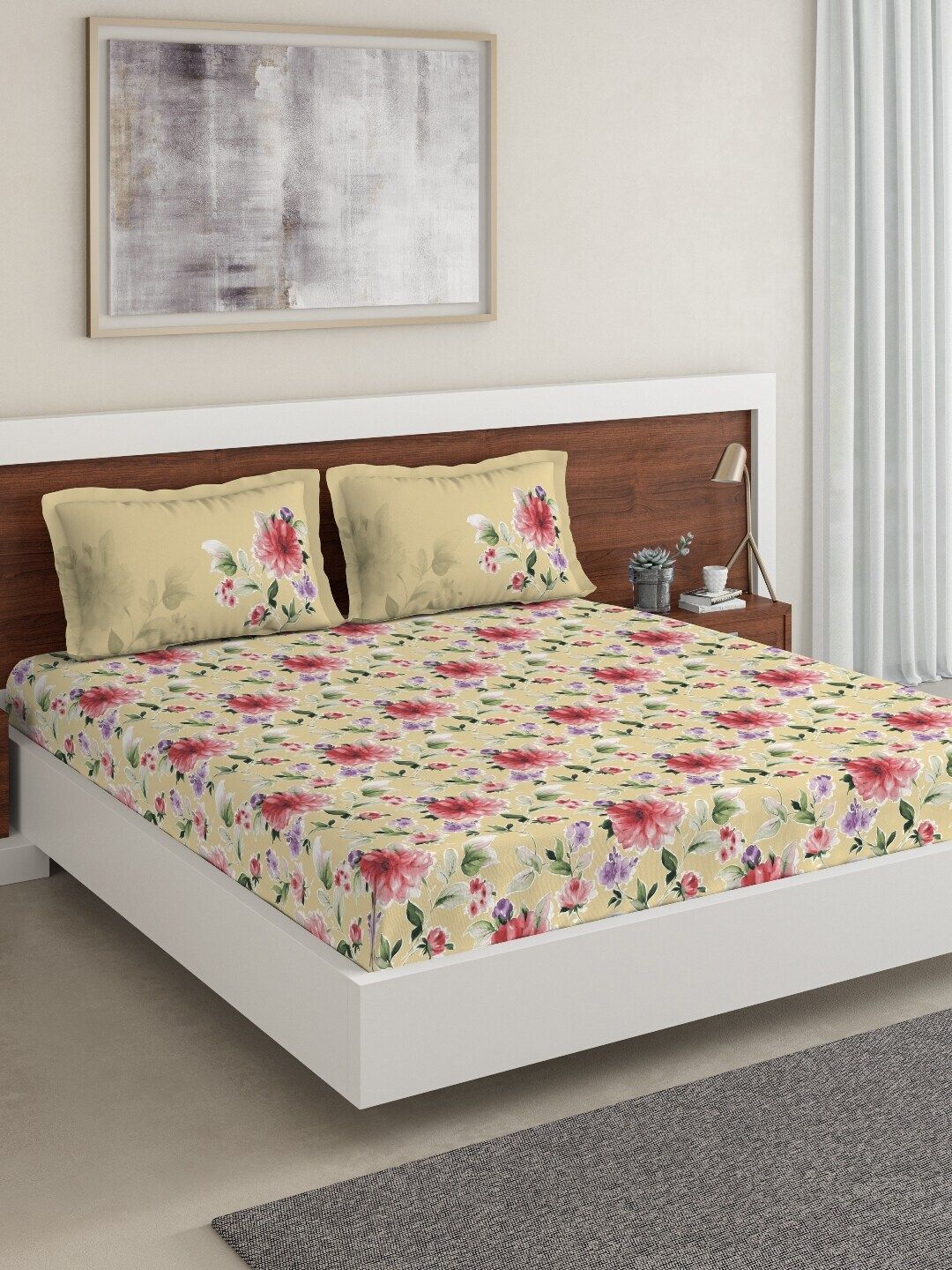 DDecor Yellow Floral 140 TC Cotton 1 Queen Bedsheet with 2 Pillow Covers Price in India