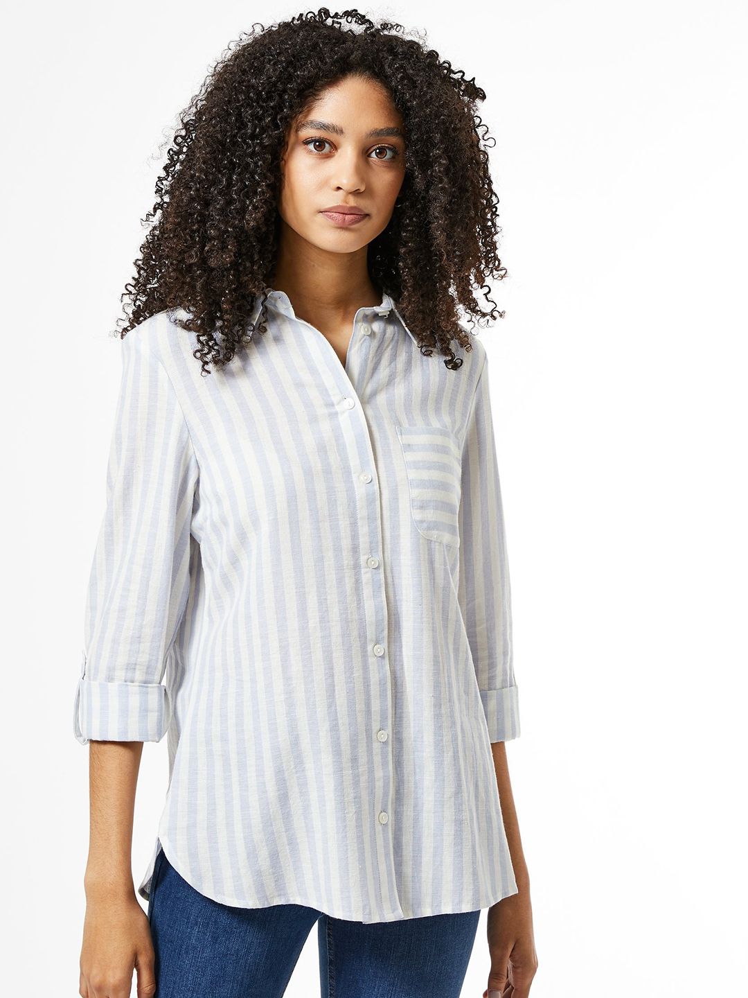 DOROTHY PERKINS Women White & Blue Regular Fit Striped Casual Shirt