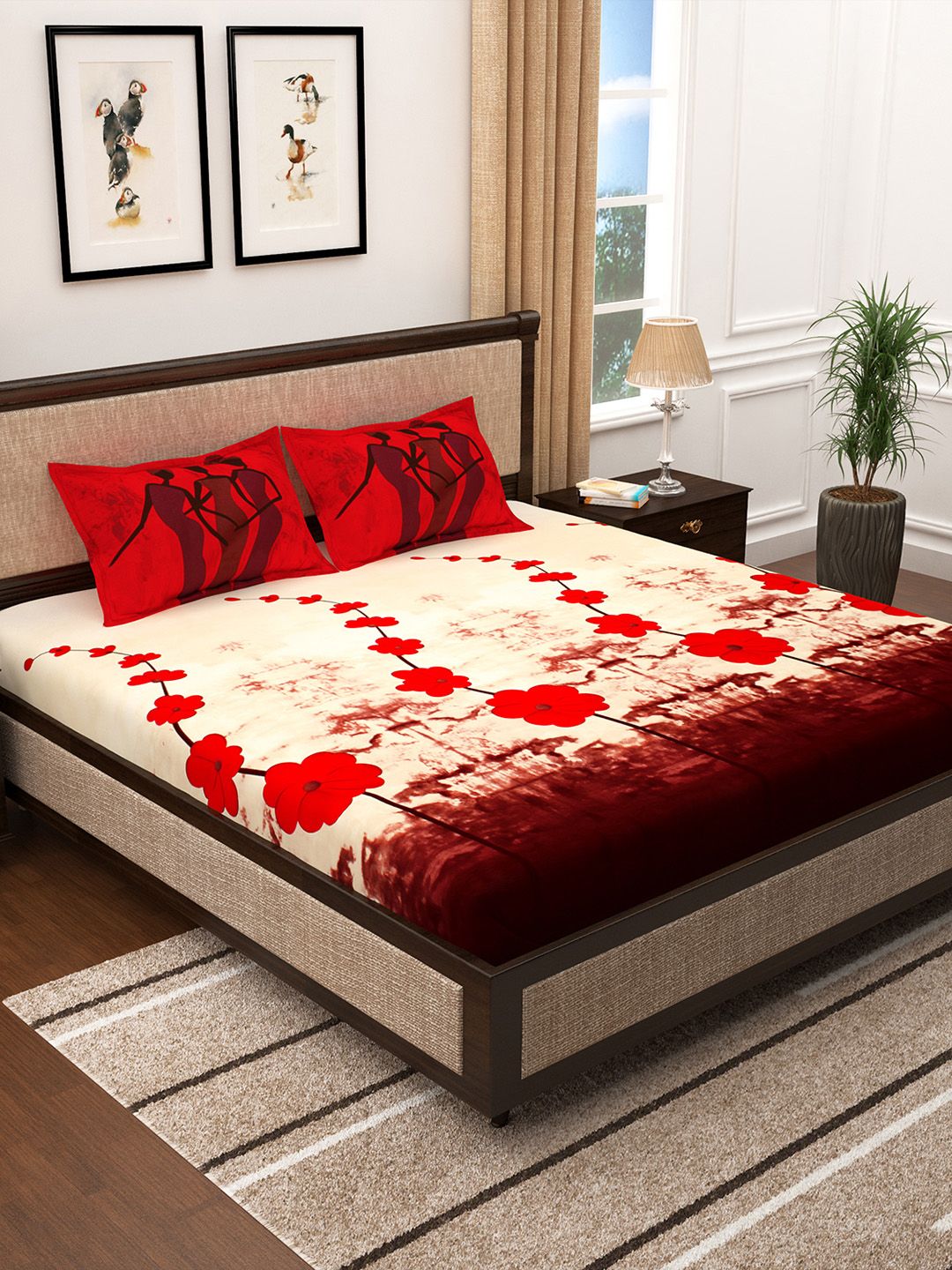 Story@home Brown & Red Floral 300 TC Cotton 1 King Bedsheet with 2 Pillow Covers Price in India