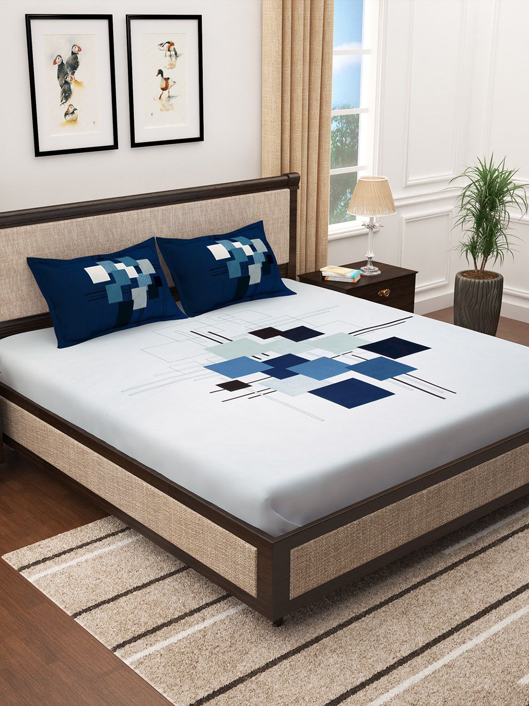 Story@home White & Blue Geometric 300 TC Cotton 1 King Bedsheet with 2 Pillow Covers Price in India