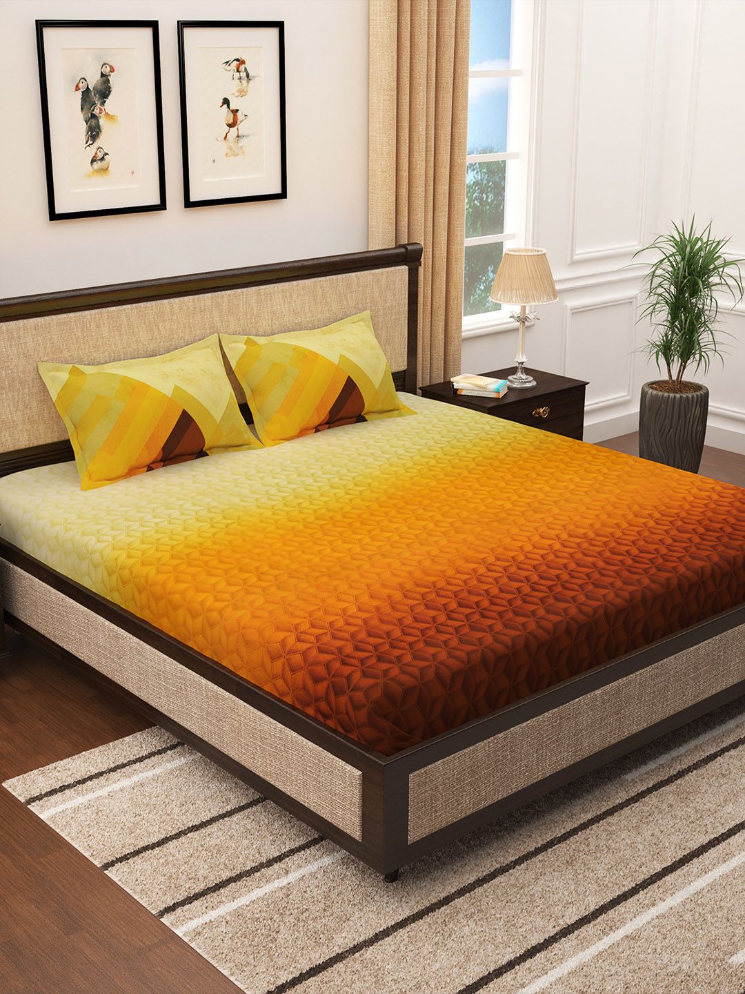 Story@home Yellow & Brown Abstract 300 TC Cotton 1 King Bedsheet with 2 Pillow Covers Price in India