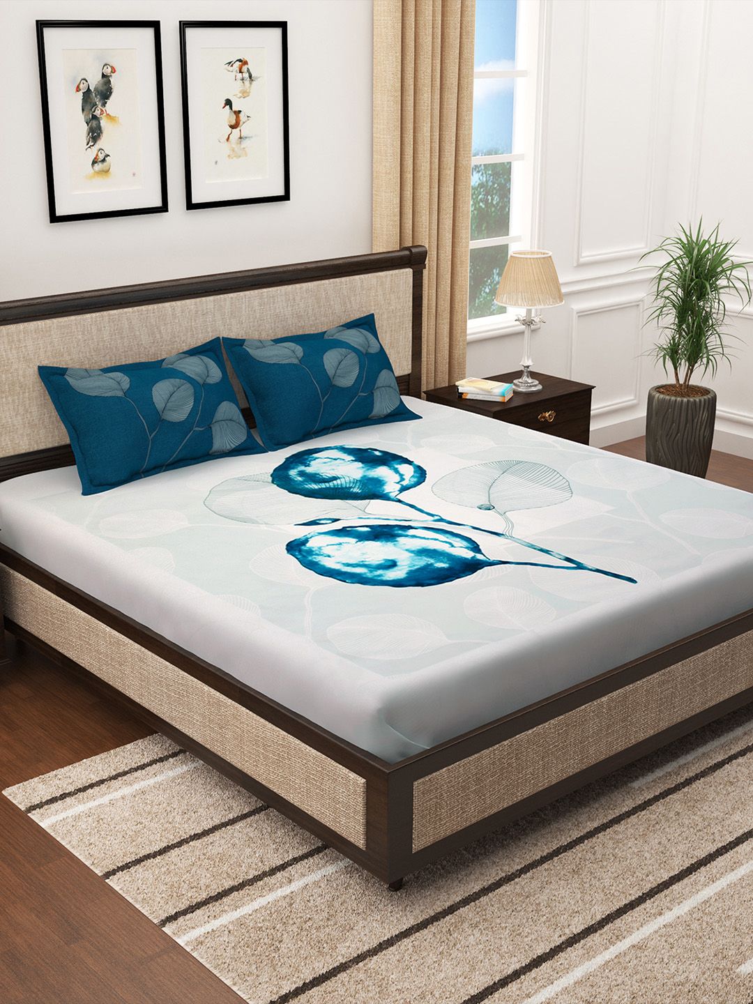 Story@home White & Blue Floral 300 TC Cotton 1 King Bedsheet with 2 Pillow Covers Price in India