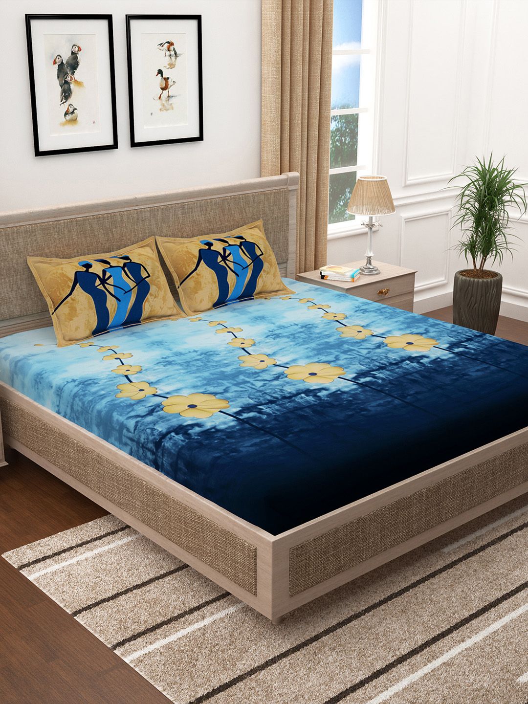 Story@home Blue & Beige Floral 300 TC Cotton 1 King Bedsheet with 2 Pillow Covers Price in India