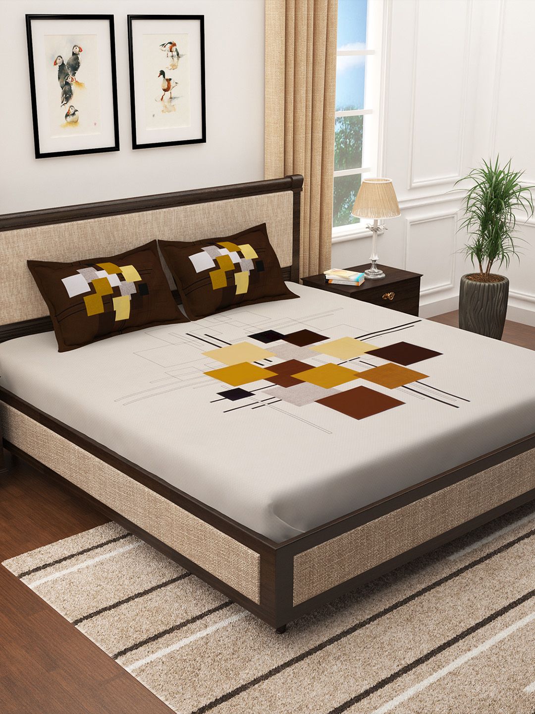 Story@home Cream-Coloured & Brown Abstract 300 TC Cotton 1 King Bedsheet with 2 Pillow Covers Price in India