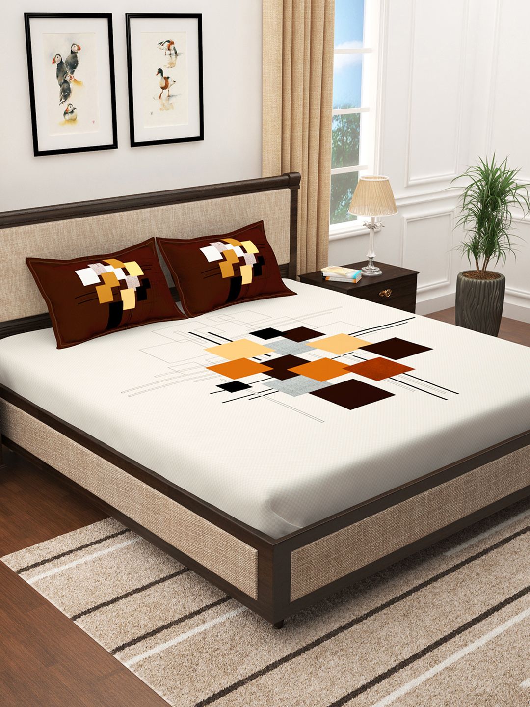 Story@home Story@home Cream Brown Abstract Cotton 300 TC King Bedsheet with Pillow Covers -106x106 In