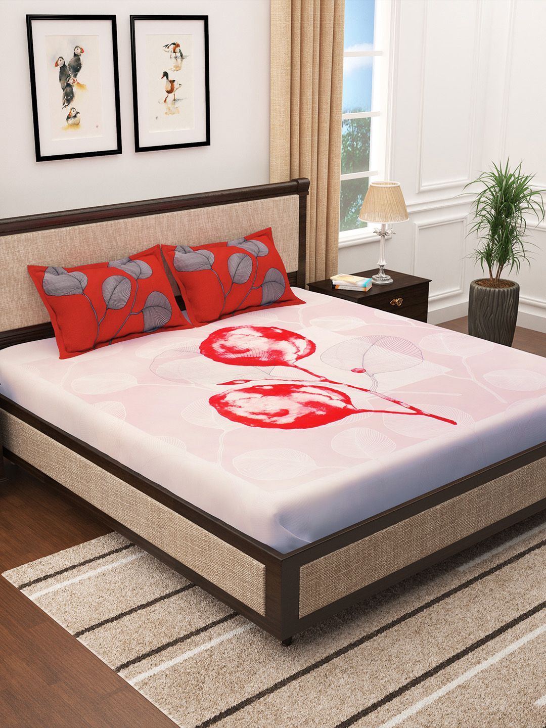 Story@home Orange & White Abstract 300 TC Cotton 1 King Bedsheet with 2 Pillow Covers Price in India