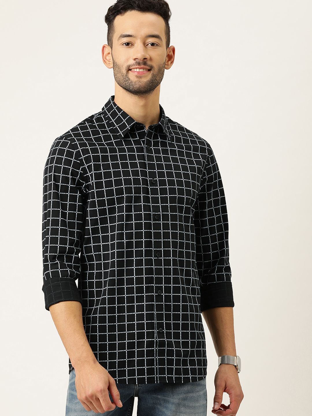 Calvin Klein Jeans Men Black & White Slim Fit Checked Casual Shirt