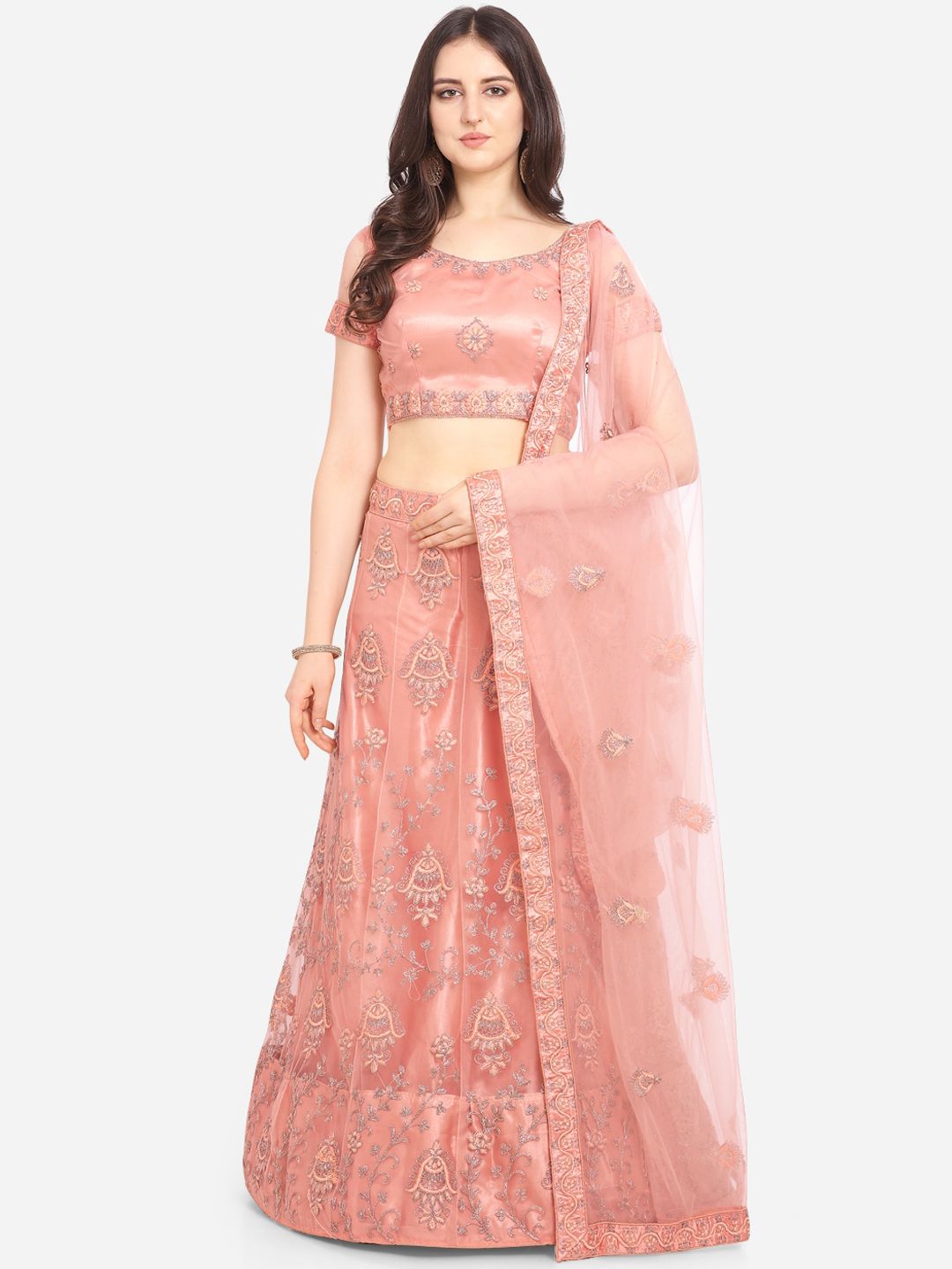 VRSALES Peach-Coloured Semi-Stitched Lehenga & Blouse with Dupatta