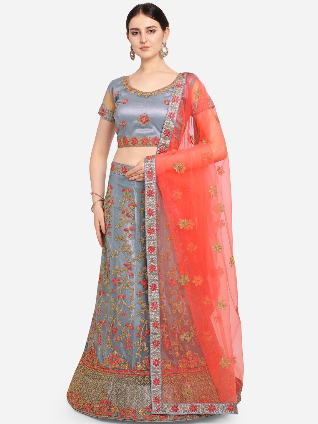 VRSALES Grey & Red Embroidered Semi-Stitched Lehenga & Unstitched Blouse with Dupatta Price in India