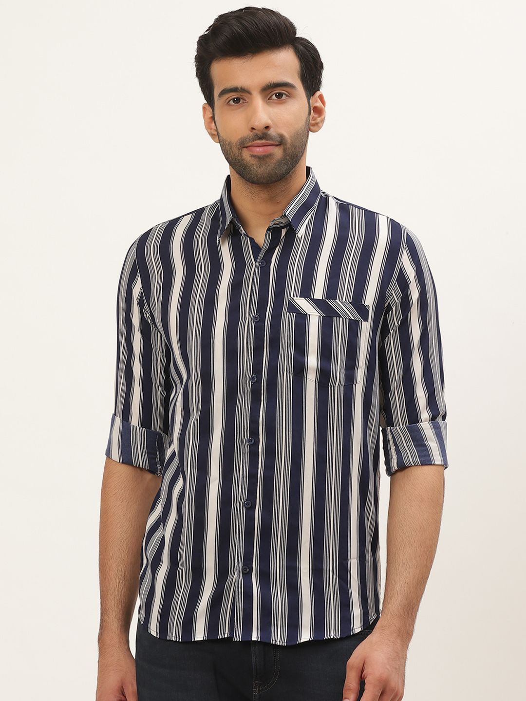 Tistabene Men Navy Blue & White Comfort Slim Fit Striped Casual Shirt