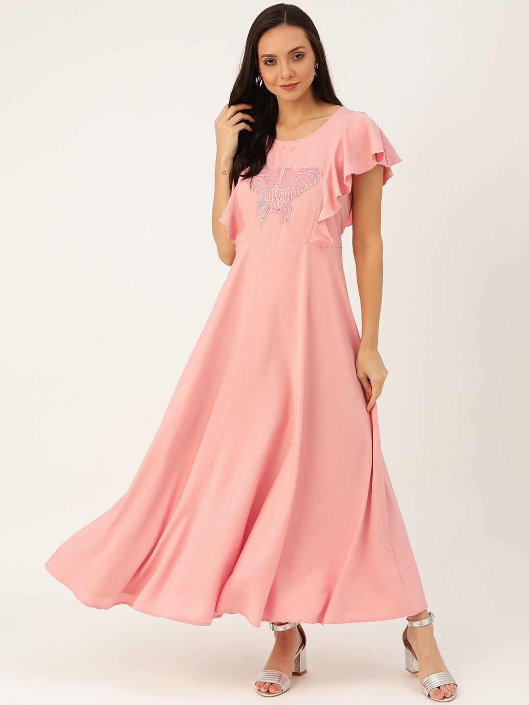 U&F Women Peach-Coloured Solid Maxi Dress Price in India