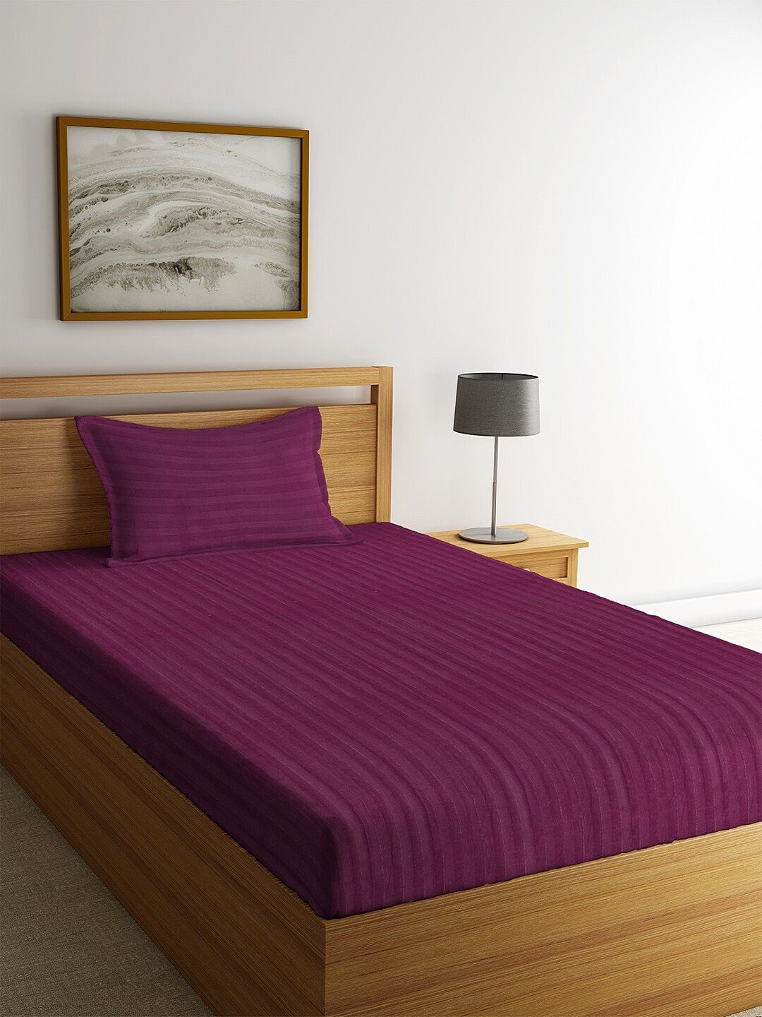 HOSTA HOMES Purple Striped 260 TC Cotton 1 Single Bedsheet with 1 Pillow Cover Price in India