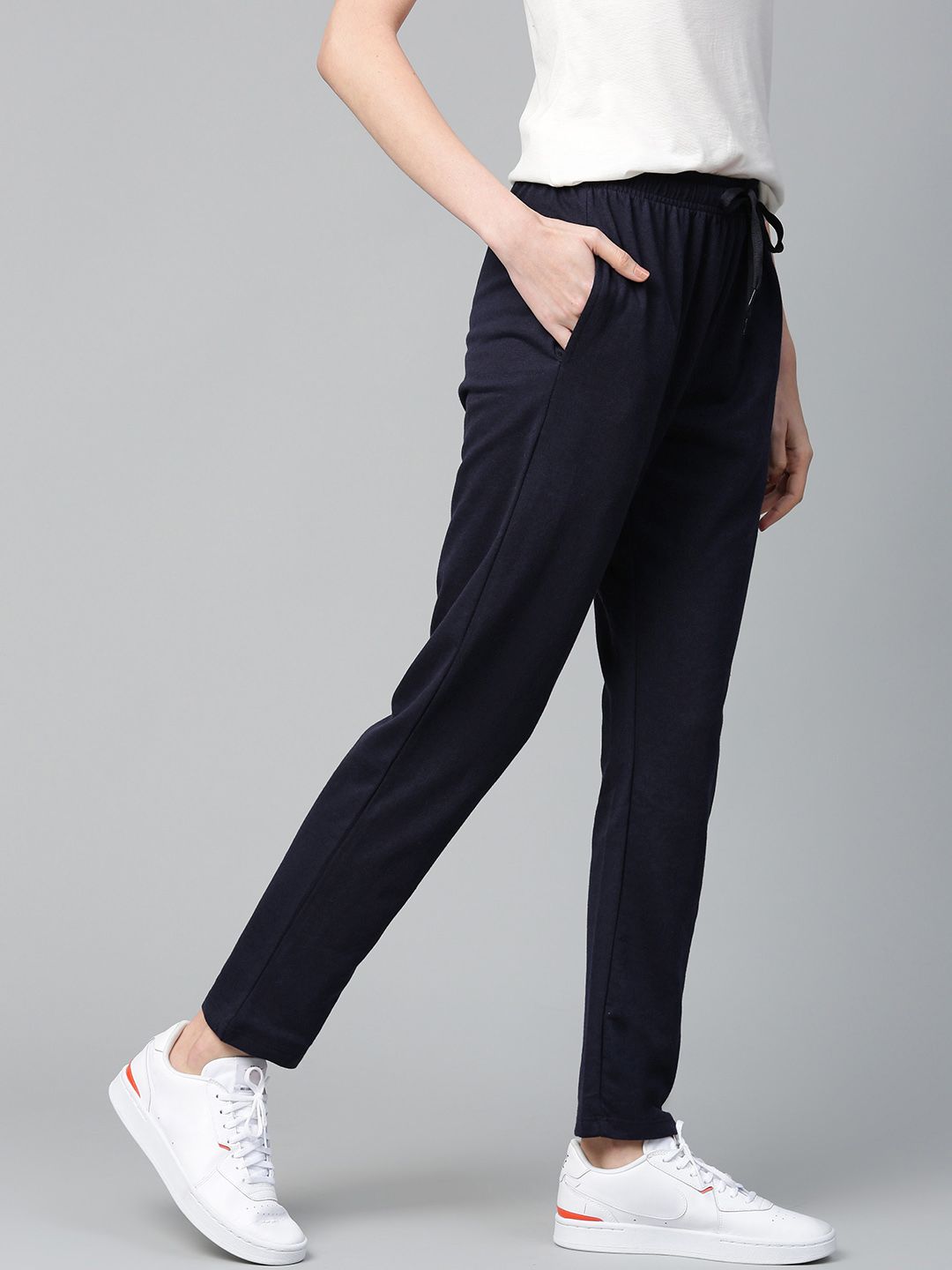 Mast & Harbour Women Navy Blue Solid Track Pants Price in India