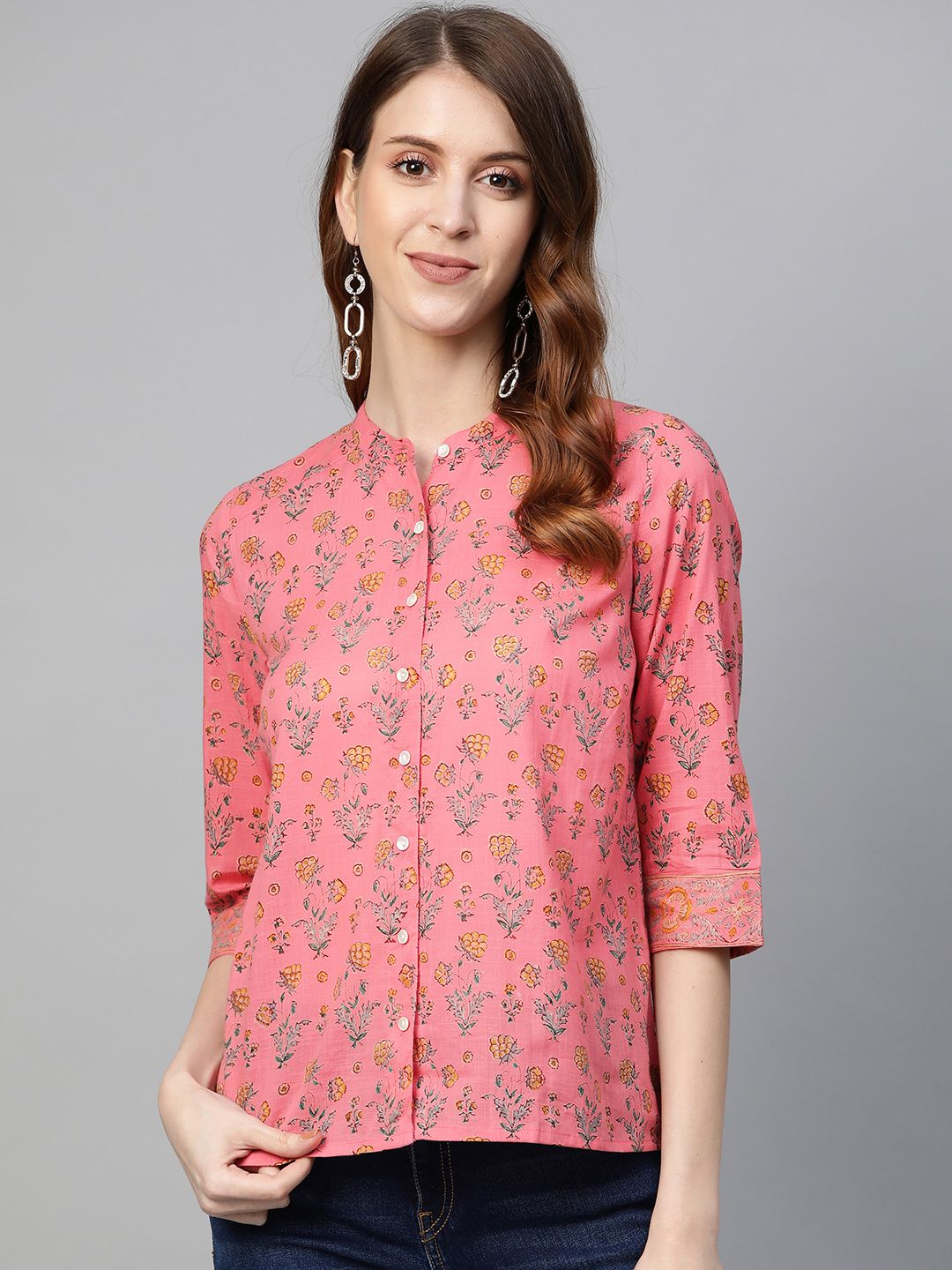 Fabindia Women Pink & Yellow Regular Fit Handblock Print Casual Shirt