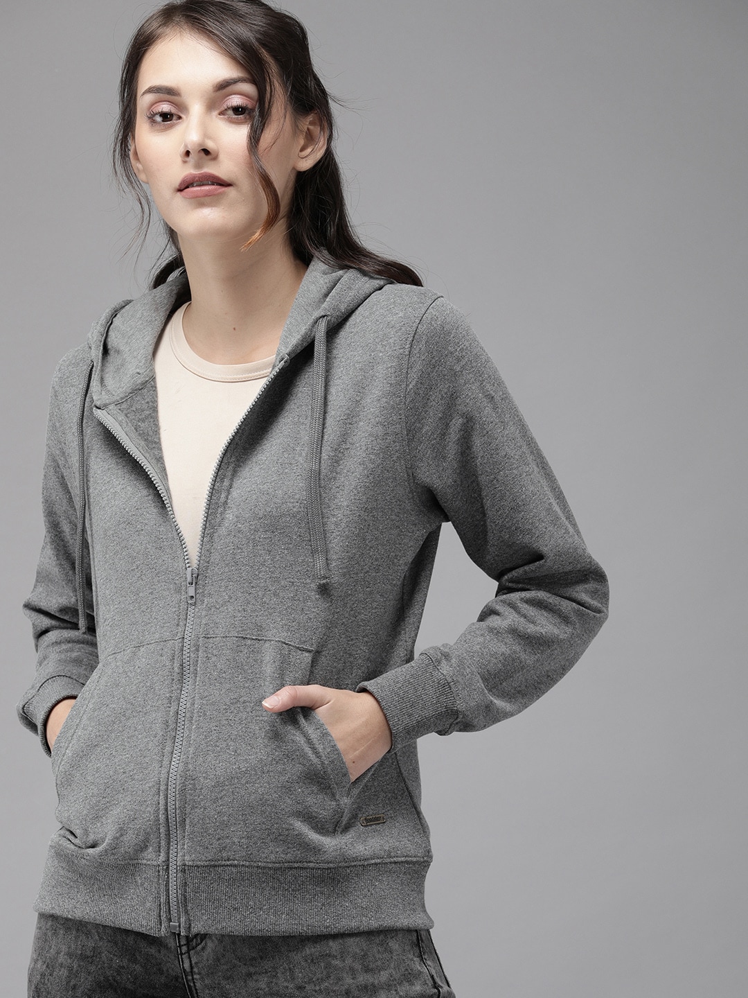 Roadster GreenTurn Women Grey Solid   Hooded Sustainable Sweatshirt Price in India