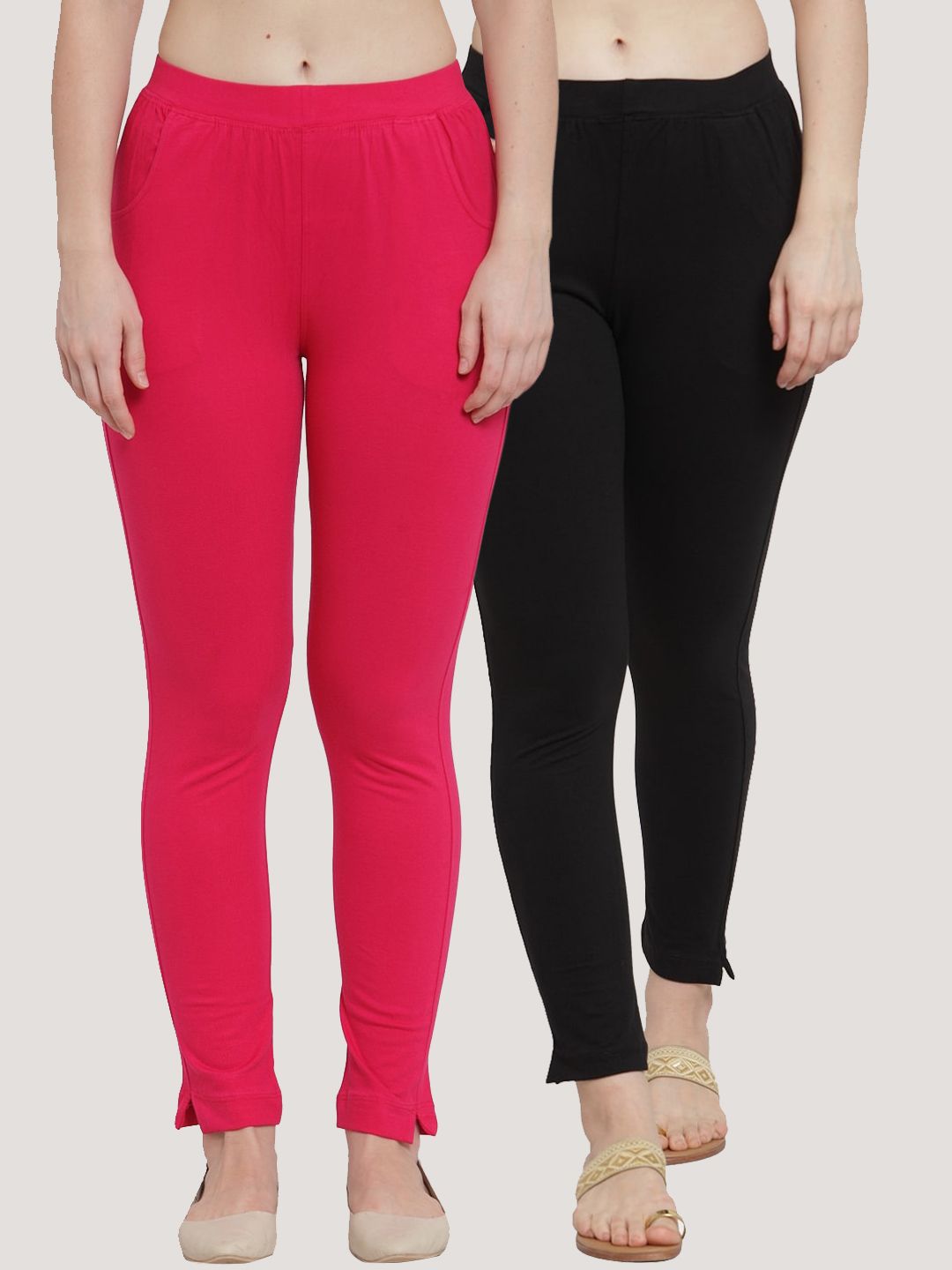 TAG 7 Women Pack Of 2 Pink & Black Solid Straight-Fit Ankle-Length Leggings Price in India