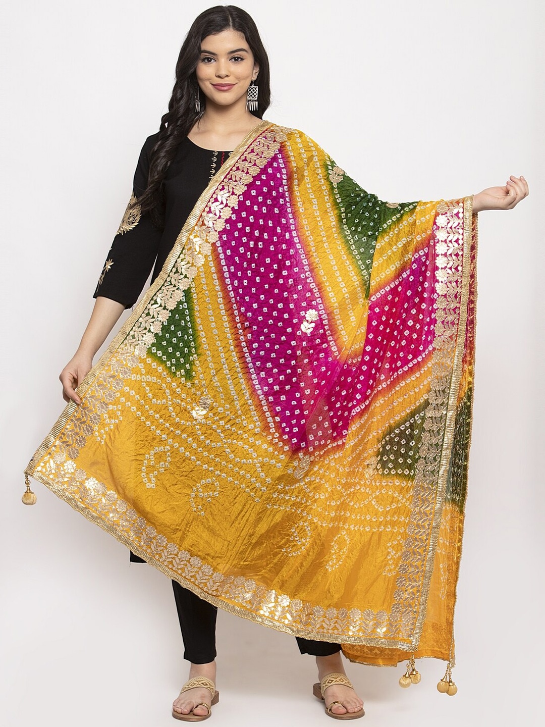 Clora Creation Yellow & Magenta Bandhani Gotta Patti Silk Dupatta Price in India
