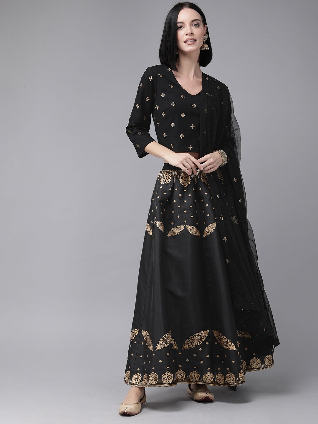 Anouk Black & Gold-Toned Printed Ready to Wear Lehenga & Blouse with Dupatta