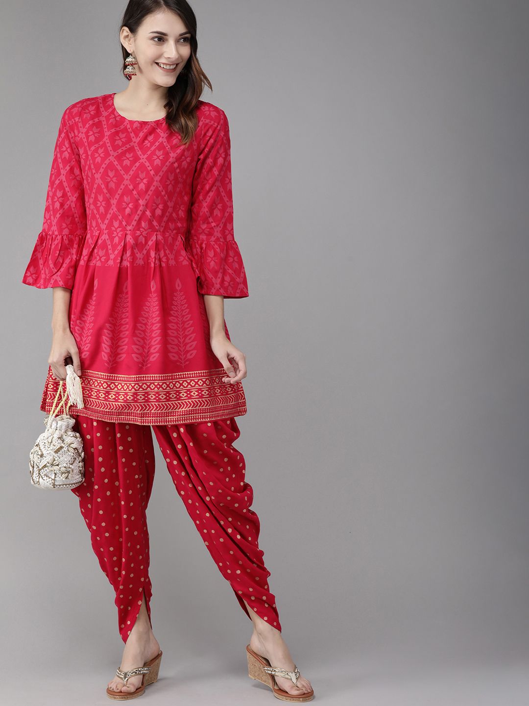 Anouk Women Pink Printed Kurti with Dhoti Pants Price in India