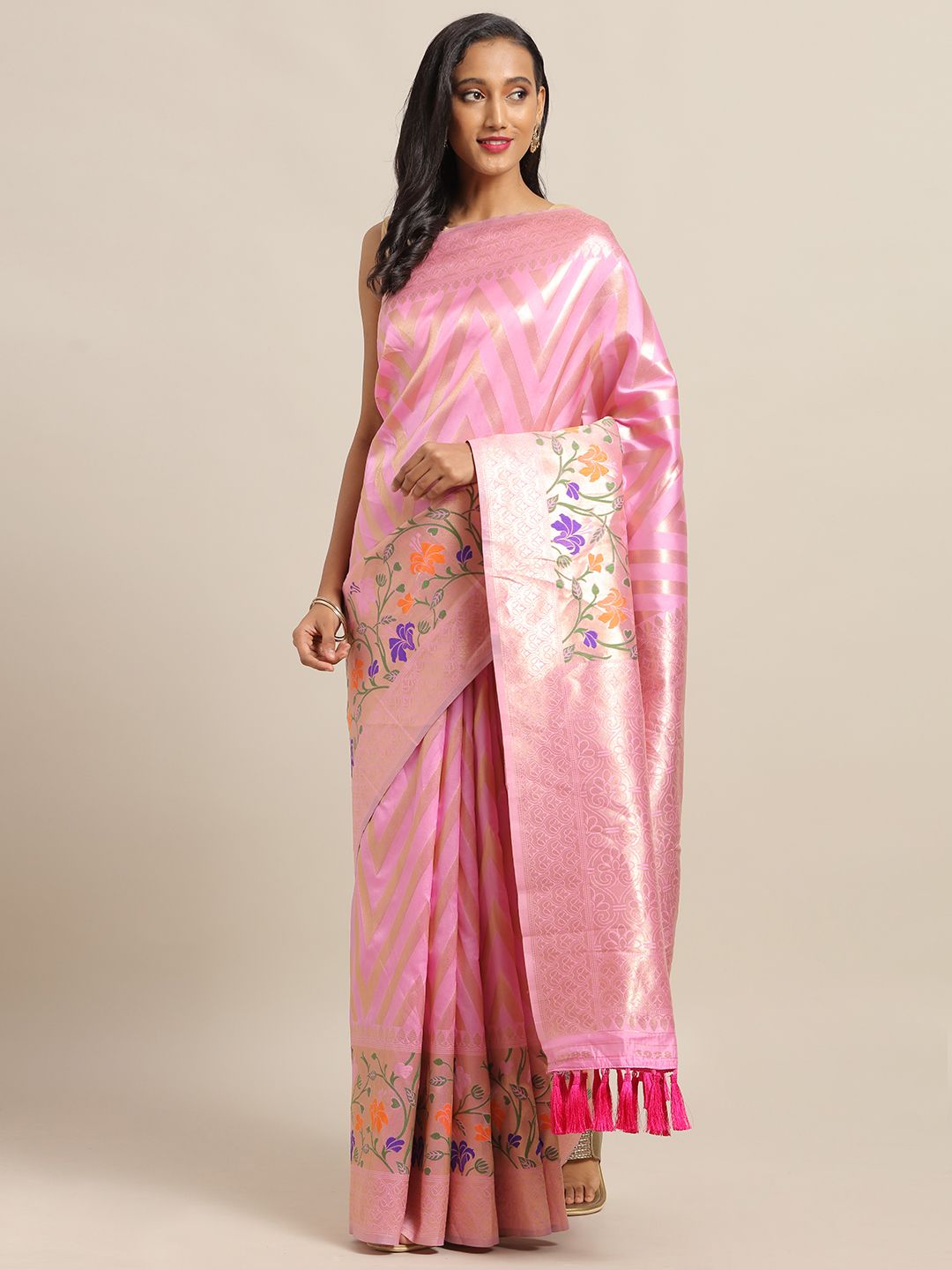 VASTRANAND Pink & Gold-Toned Silk Cotton Woven Design Banarasi Saree