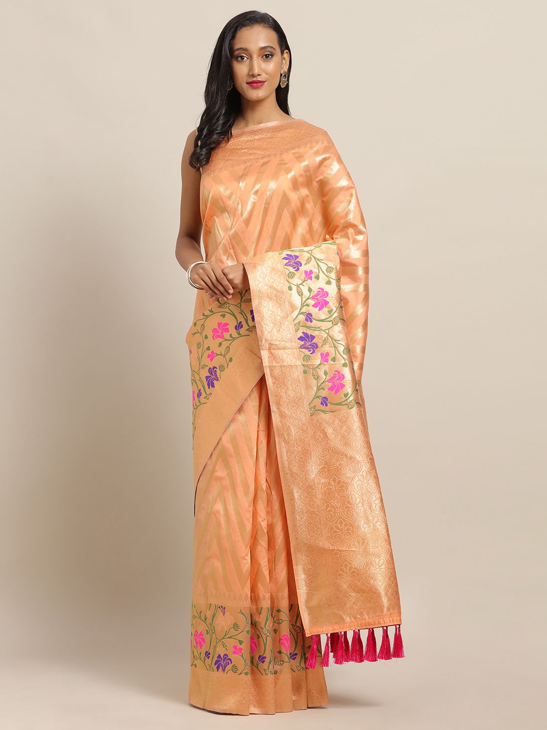 VASTRANAND Orange & Gold-Toned Silk Cotton Woven Design Banarasi Saree