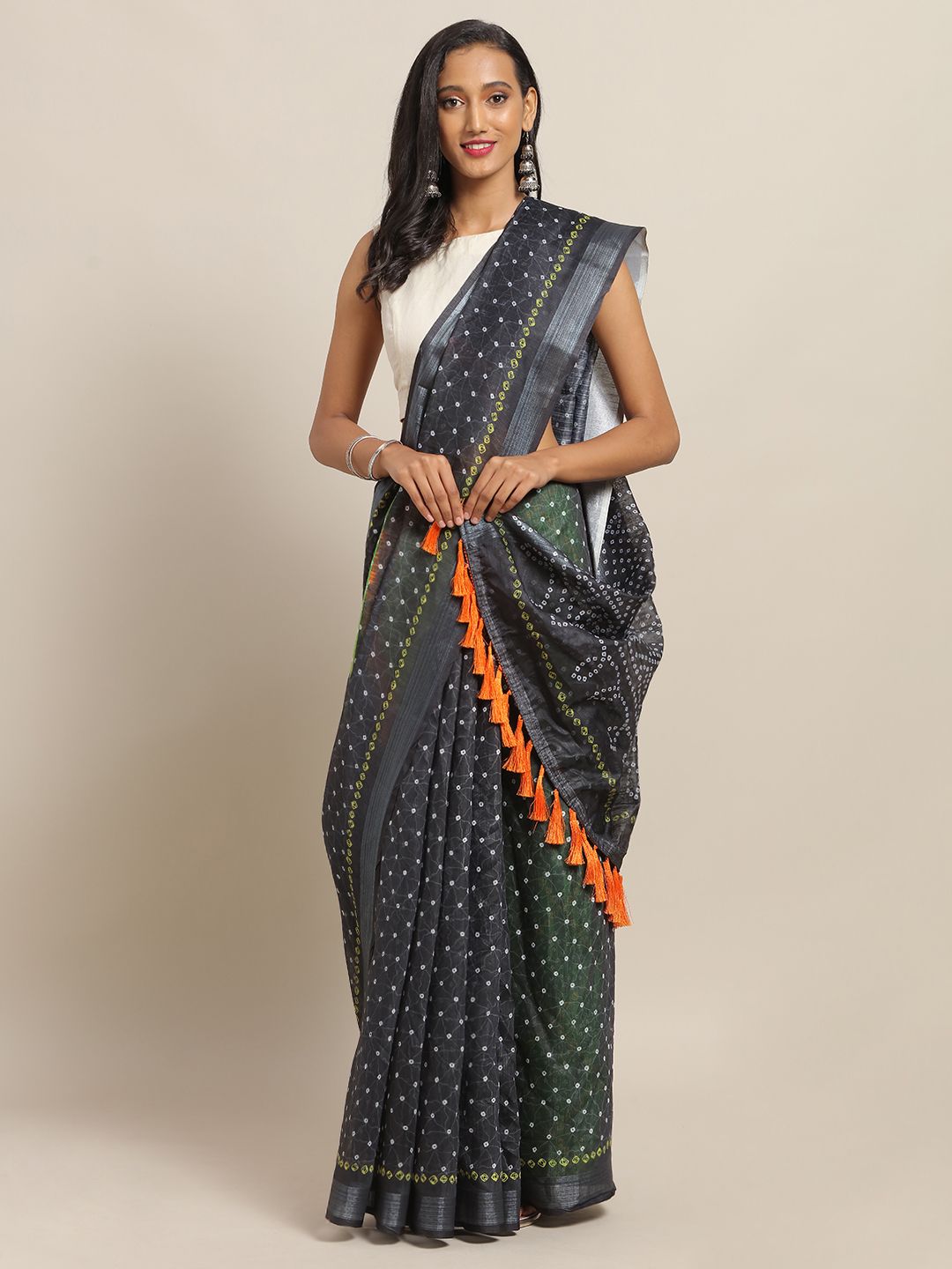 VASTRANAND Black & Green Cotton Blend Printed Bandhani Saree