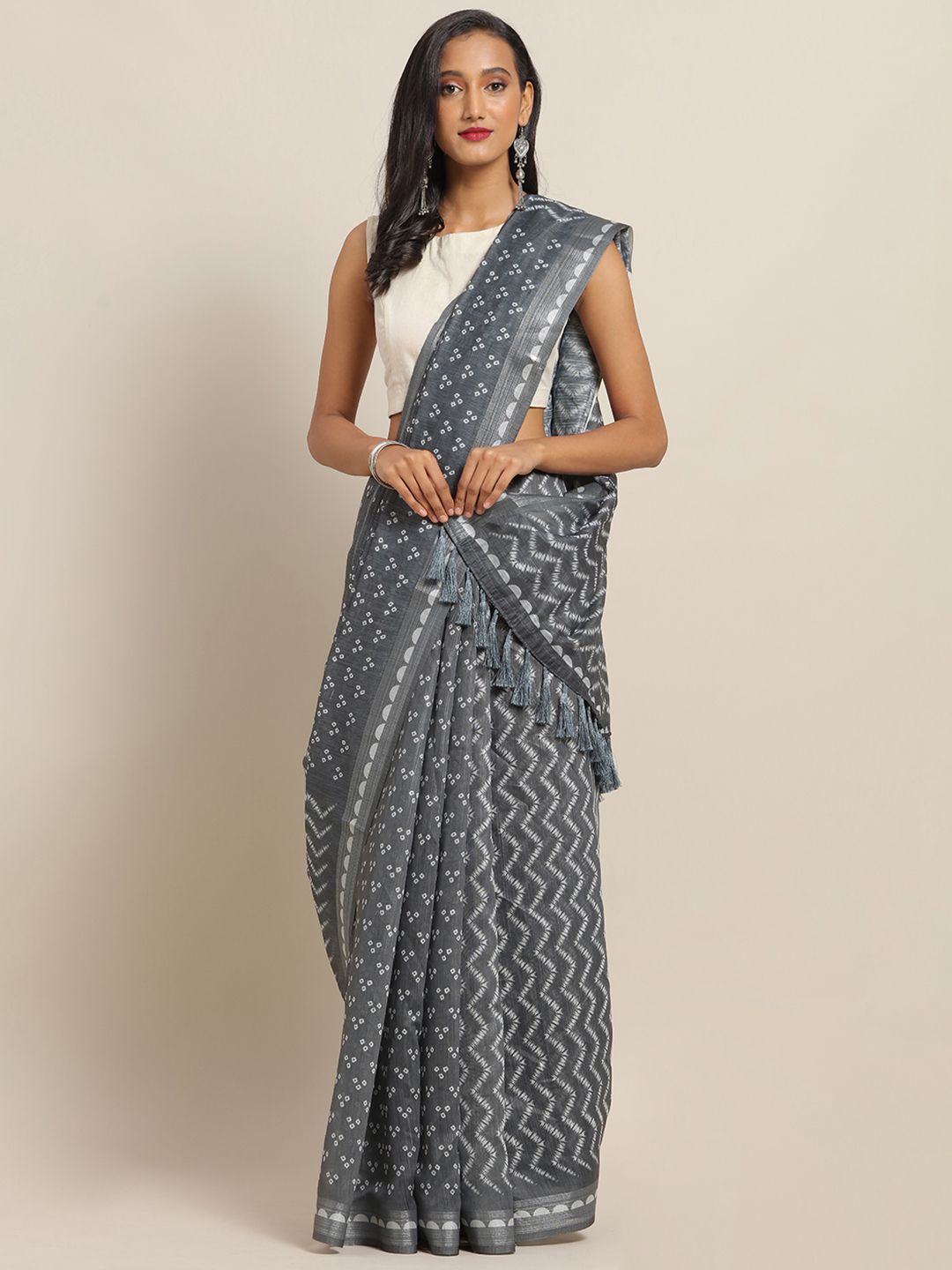 VASTRANAND Grey & White Cotton Blend Printed Bandhani Saree