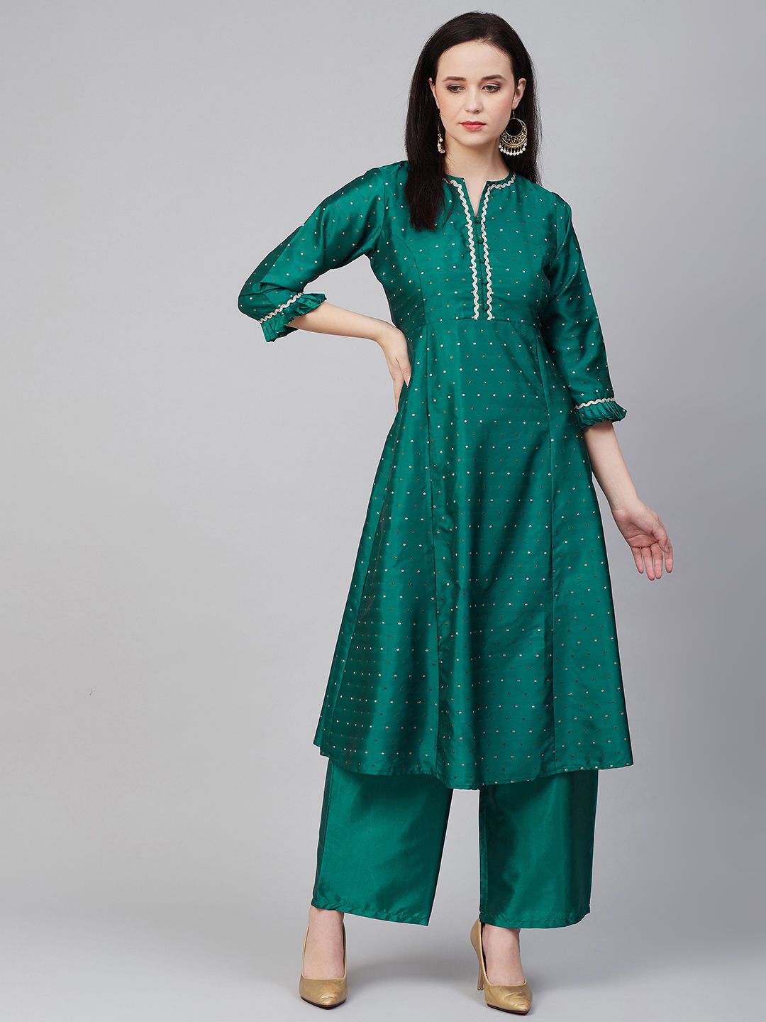 Bhama Couture Women Green & Golden Woven Design Kurta with Palazzos Price in India