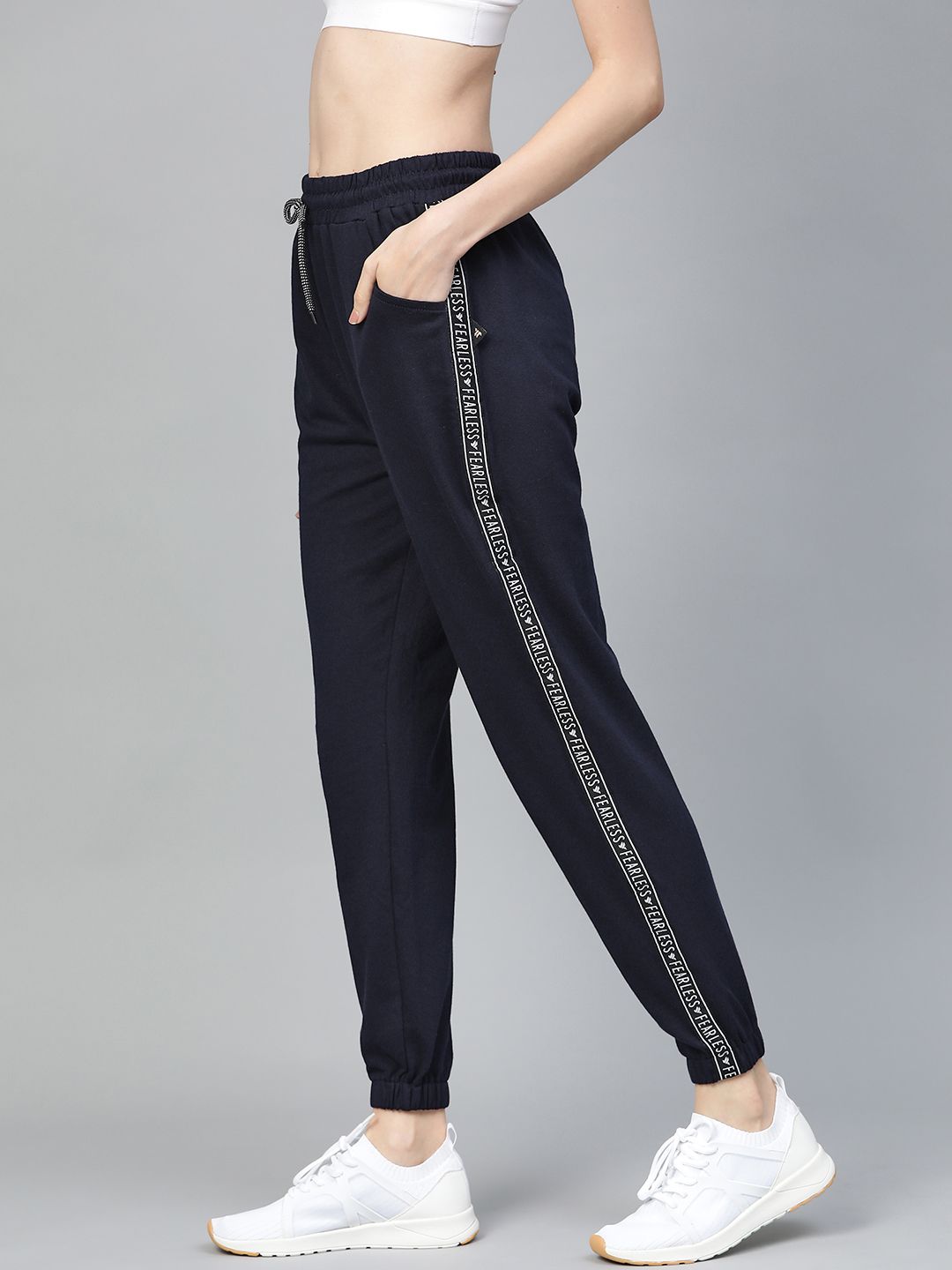 Hubberholme Women Navy Blue Slim Fit Solid Side Taping Joggers Price in India