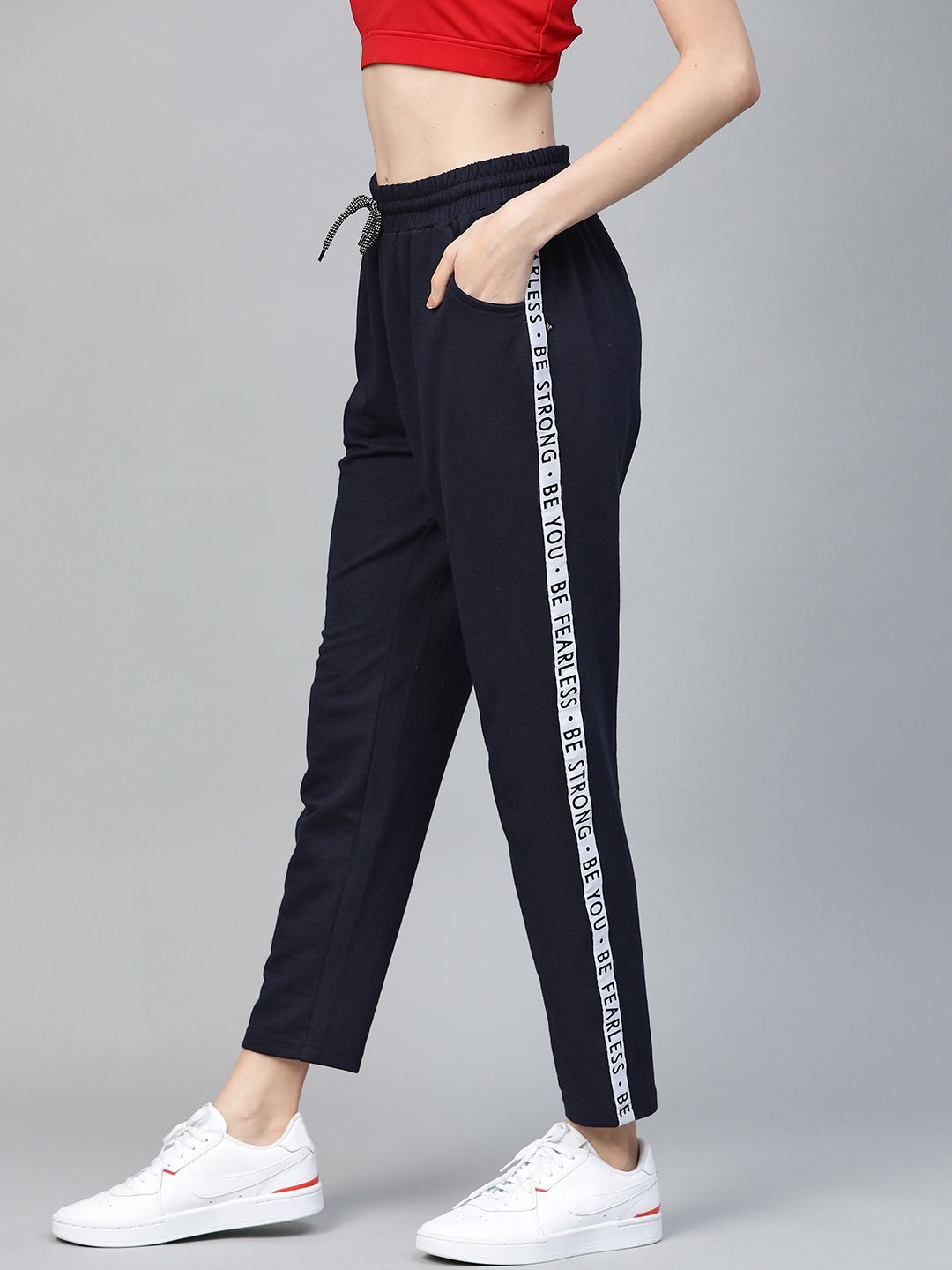 Hubberholme Women Navy Blue Slim Fit Solid Side Taping Track Pants Price in India