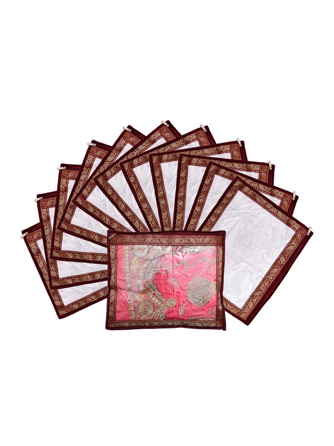 Kuber Industries Set Of 12 Maroon & Transparent Embellished Single Packing Saree Cover Organizers Price in India