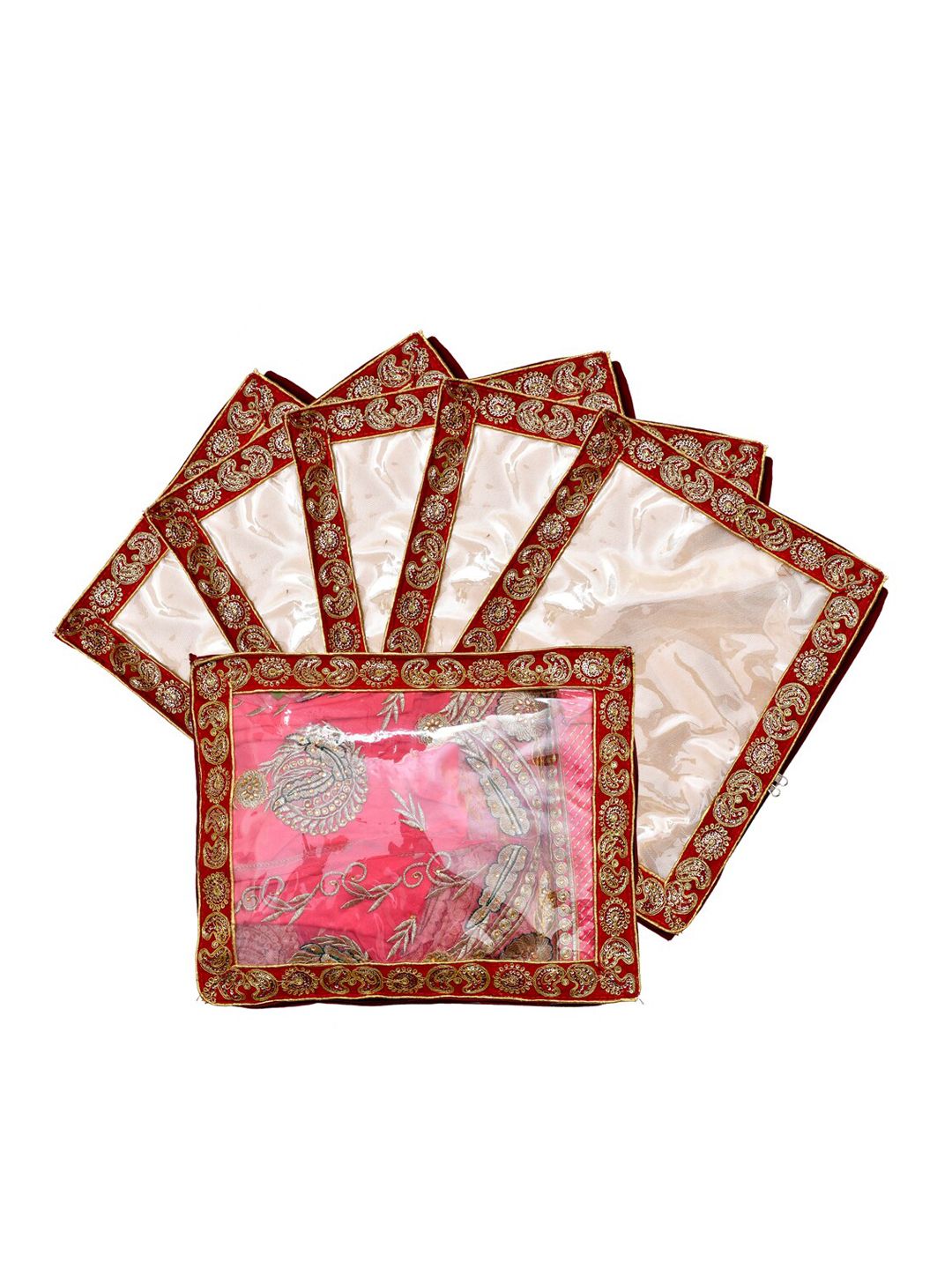 Kuber Industries Set Of 6 Red & Transparent Embellished Single Packing Saree Cover Organizers Price in India