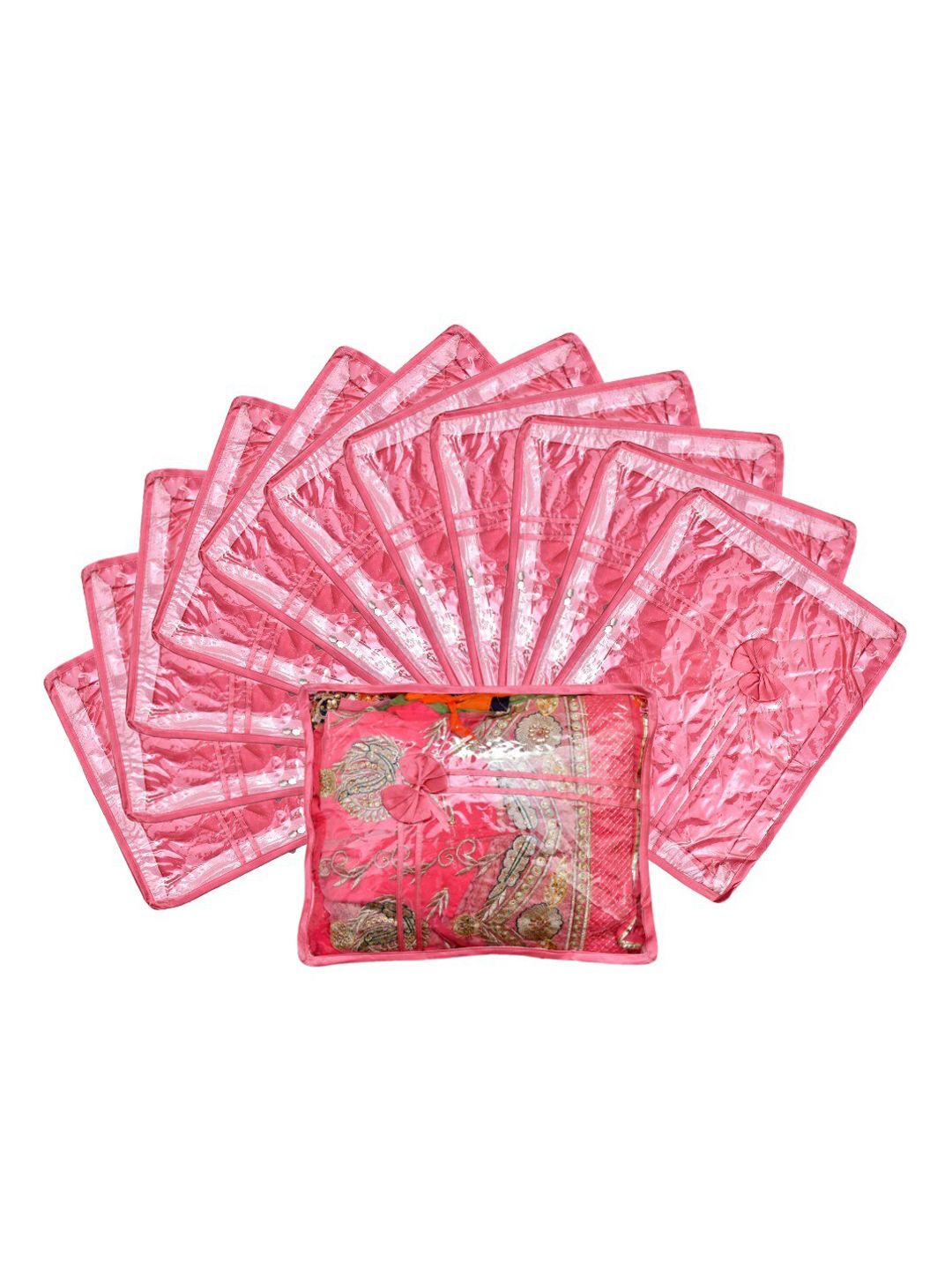 Kuber Industries Set Of 12 Pink & Transparent Solid Satin Single Packing Saree Cover Organizers Price in India