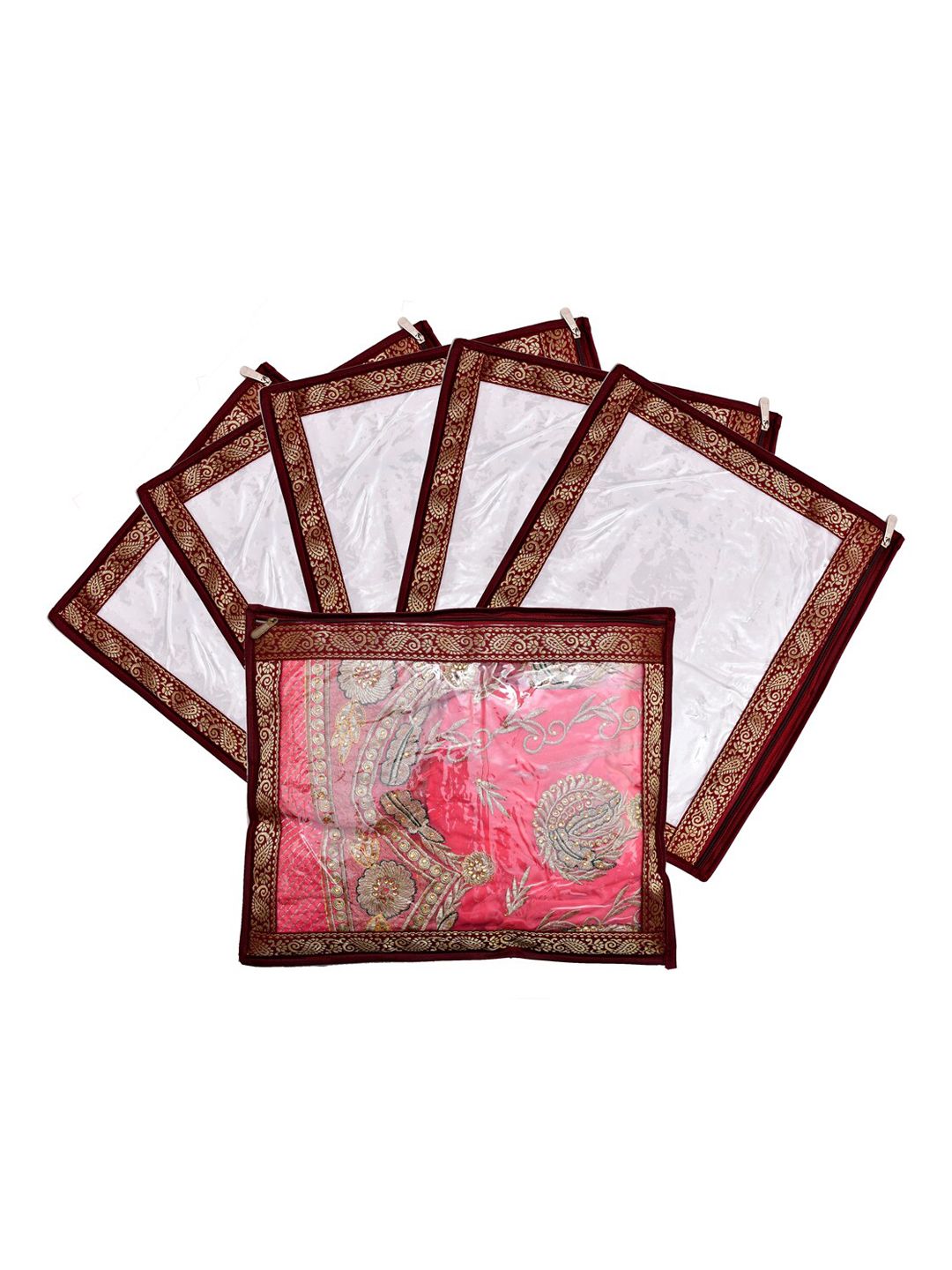 Kuber Industries Set Of 6 Maroon & Transparent Single Packing Saree Cover Organizers Price in India