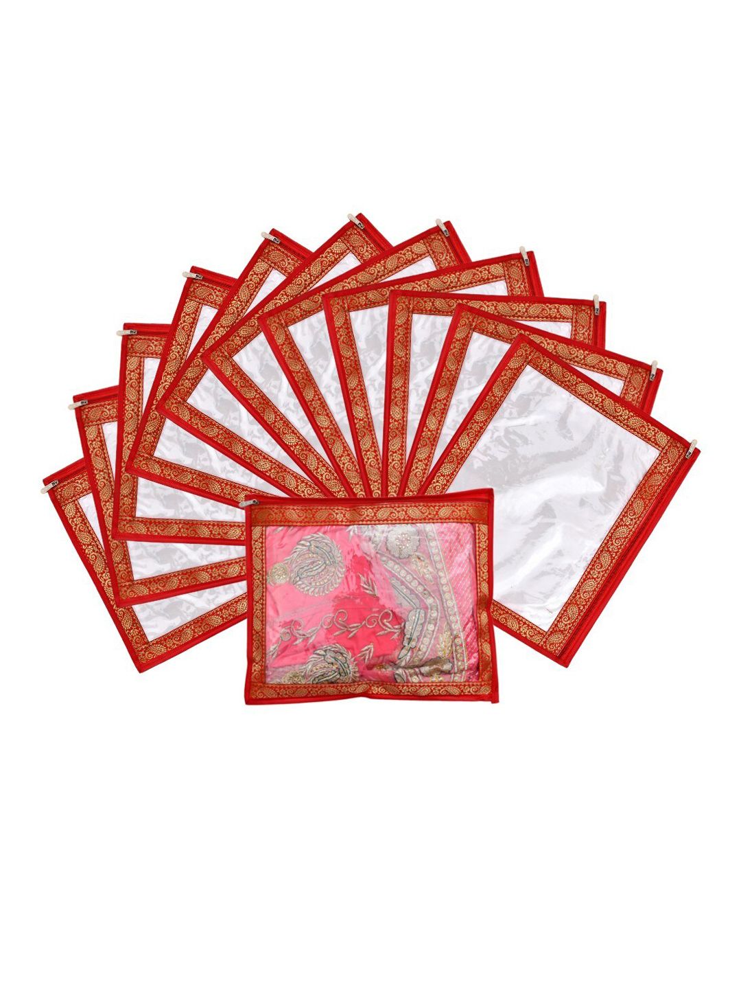 Kuber Industries Set Of 12 Red & Transparent Single Packing Saree Cover Organizers Price in India