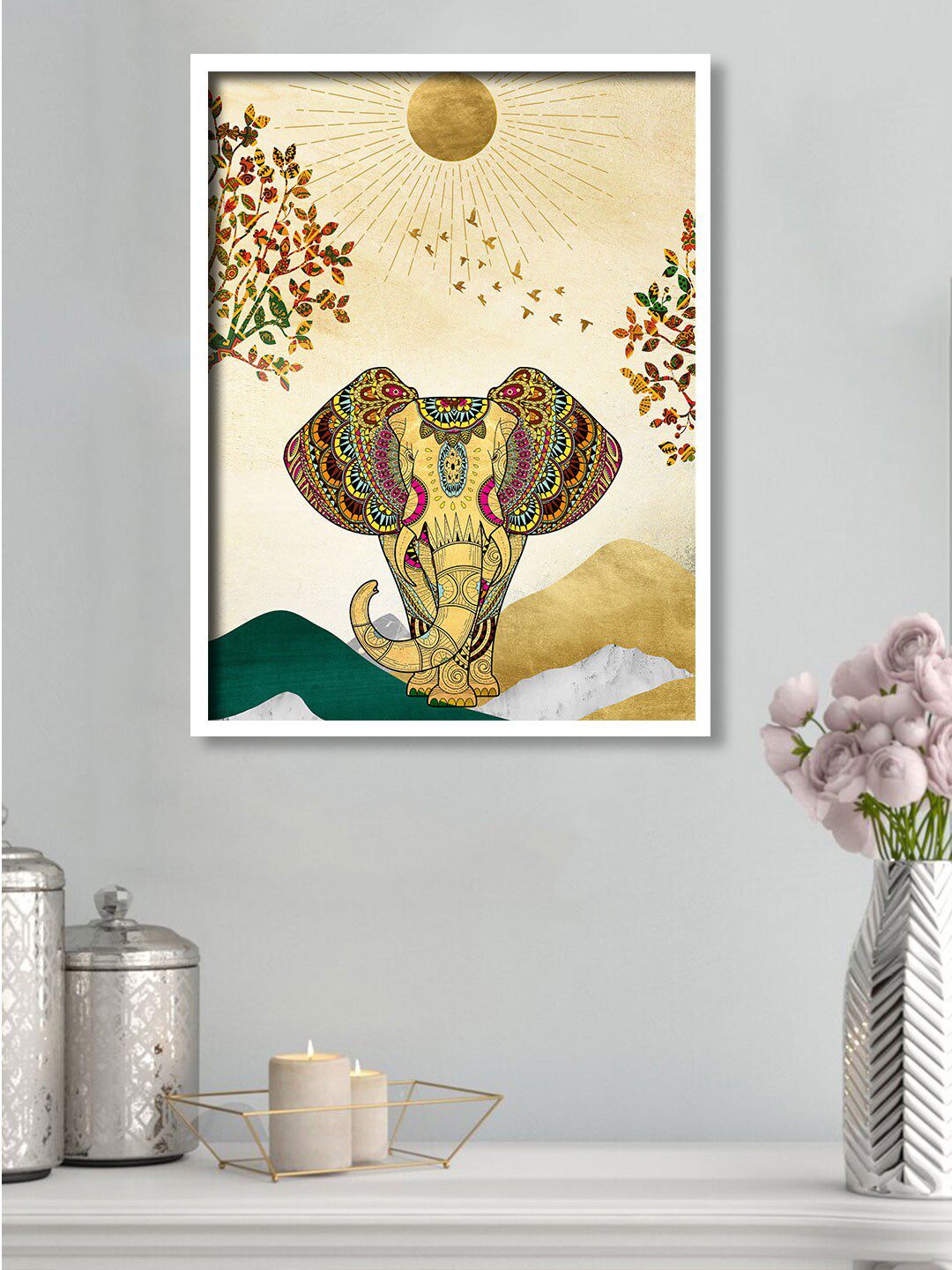 Art Street Yellow & Beige Elephant Trunk Framed Canvas Wall Art Price in India