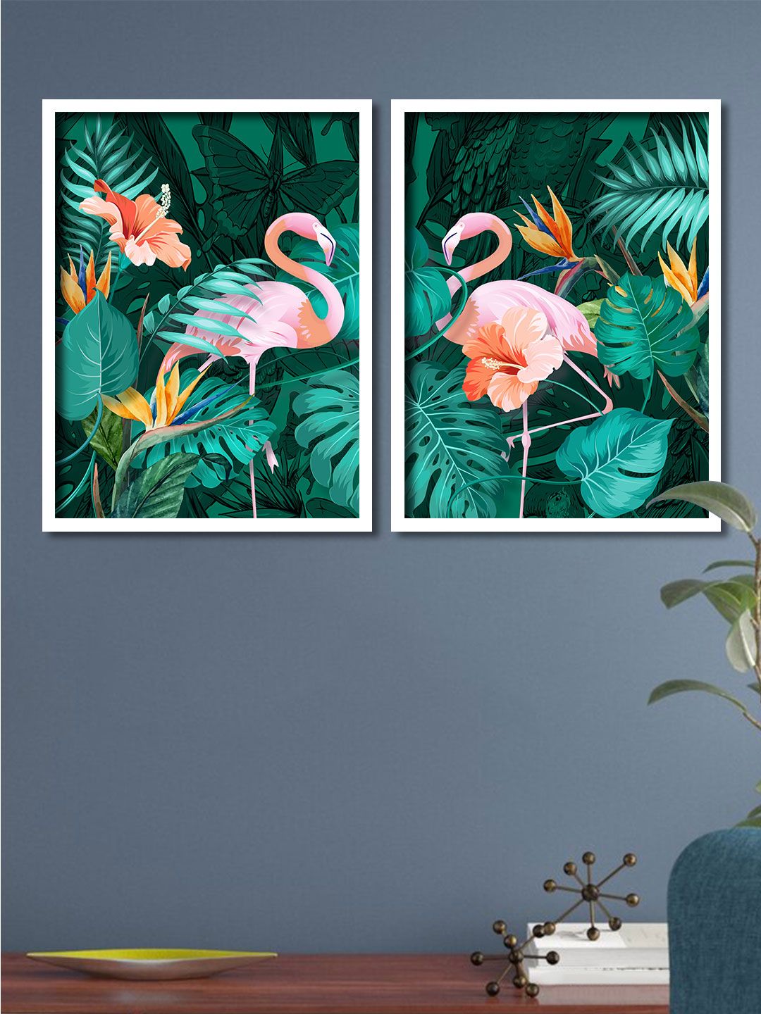 Art Street Set Of 2 Green & Pink Flamingo Tropical Framed Canvas Wall Art Price in India