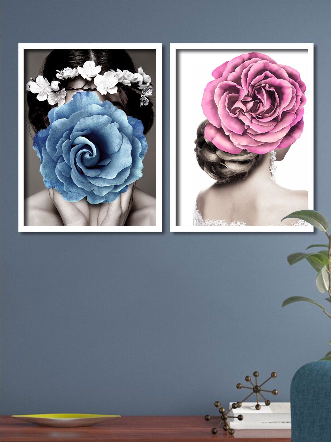 Art Street Set Of 2 Blue & Pink Flowers Lady Framed Canvas Wall Art Price in India