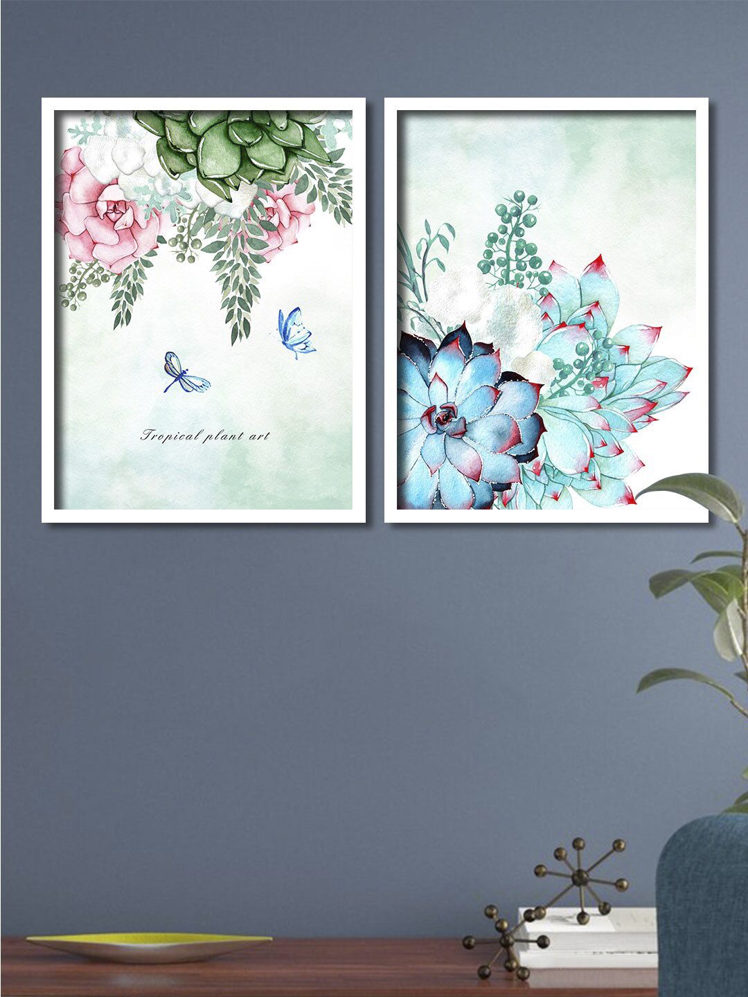 Art Street Set Of 2 Blue & Green Flowers Framed Canvas Wall Art Price in India