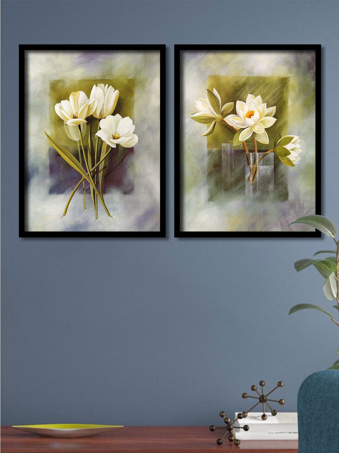 Art Street Set Of 2 White & Green Flower Pots Framed Canvas Wall Art Price in India