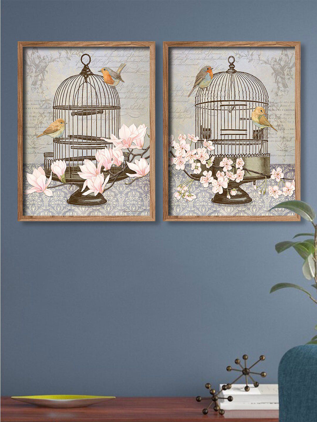 Art Street Set Of 2 Multicoloured Sparrow & Cage Framed Canvas Wall Art Price in India