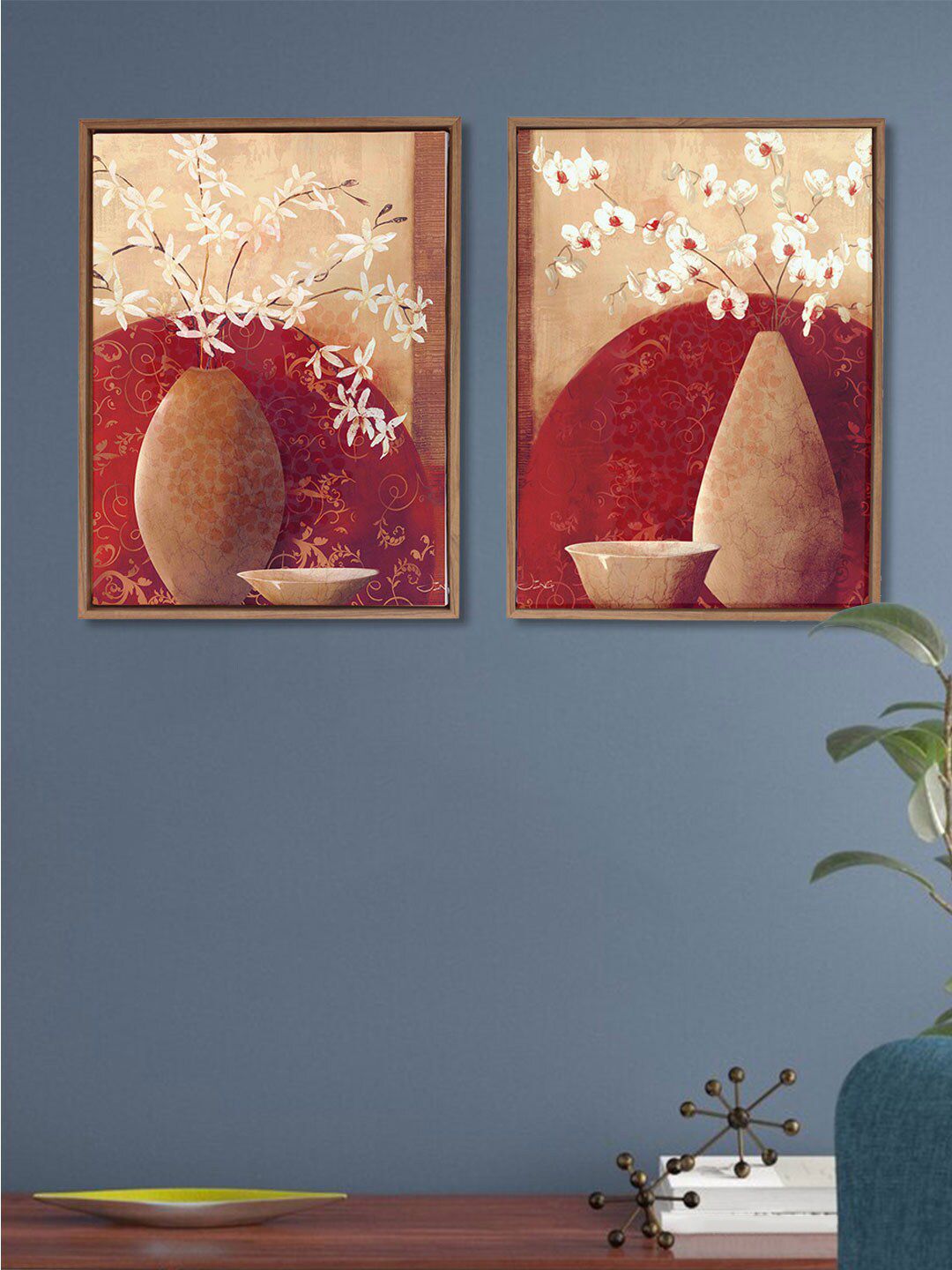 Art Street Set Of 2 Brown & Red Flower Pots Framed Canvas Wall Art Price in India