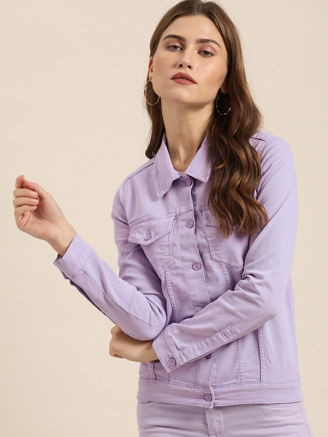 Moda Rapido Women Lavender Solid Denim Jacket Price in India