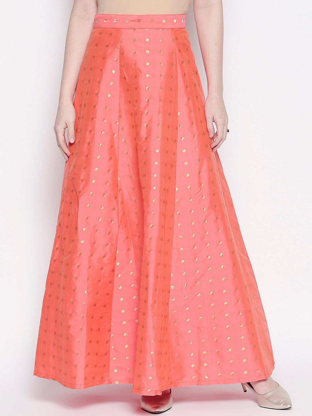 Desi Weavess Women Peach-coloured & Gold-Coloured Embellished Taffeta Flared Maxi Skirt