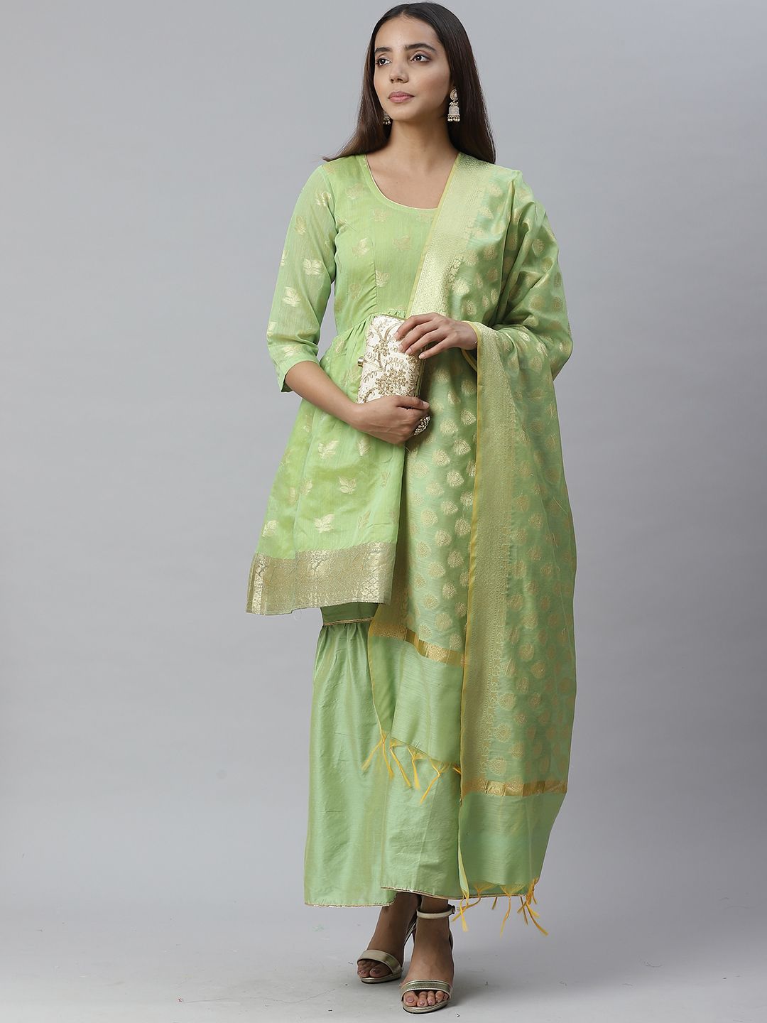 Chhabra 555 Green & Golden Zari Woven Design Unstitched Dress Material Price in India