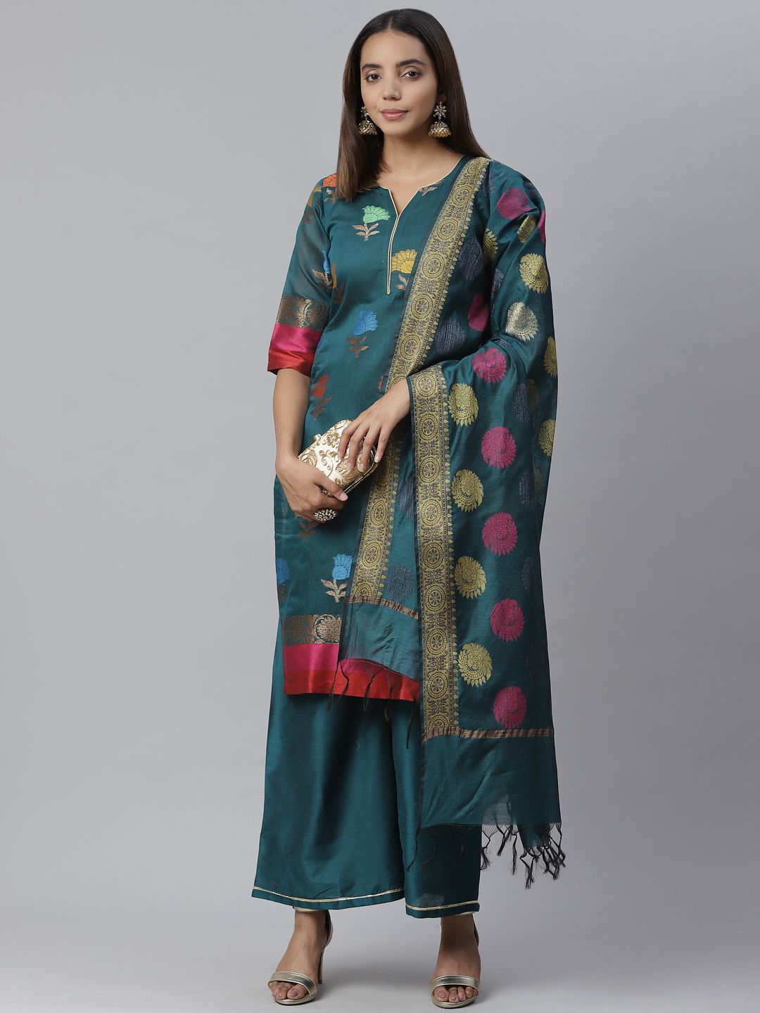 Chhabra 555 Teal Green Woven Design Handloom Chanderi Unstitched Dress Material Price in India