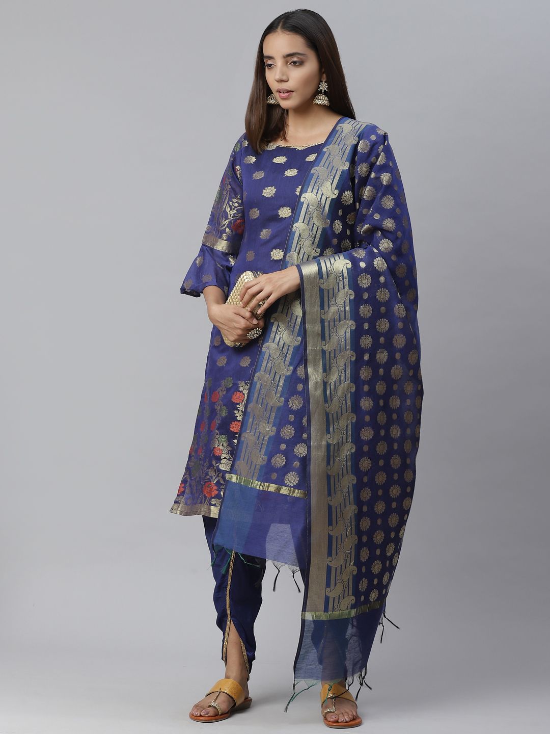 Chhabra 555 Navy Blue & Golden Zari Woven Design Unstitched Dress Material Price in India