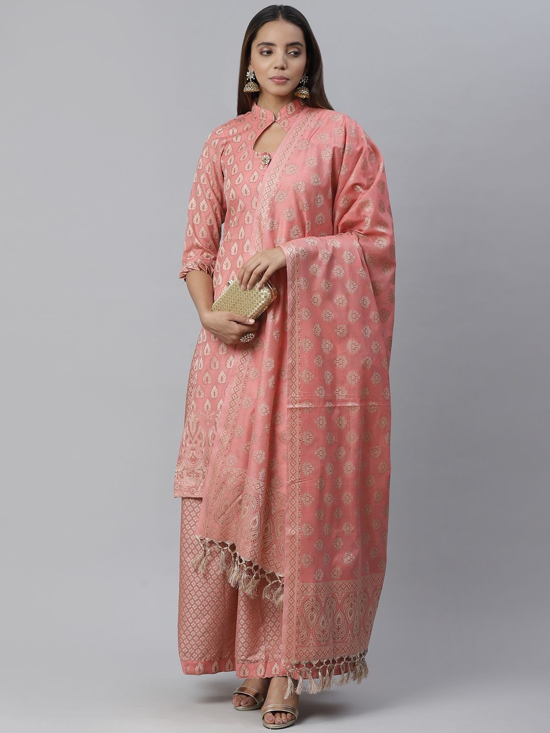 Chhabra 555 Pink & Beige Woven Design Unstitched Dress Material Price in India